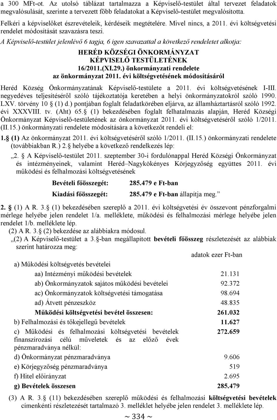 A Képviselő-testület jelenlévő 6 tagja, 6 igen szavazattal a következő rendeletet alkotja: HERÉD KÖZSÉGI ÖNKORMÁNYZAT KÉPVISELŐ TESTÜLETÉNEK 16/2011.(XI.29.