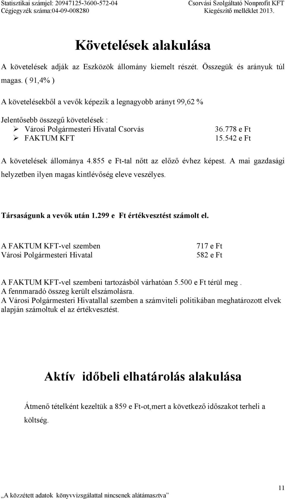 ( 91,4% ) A követelésekből a vevők képezik a legnagyobb arányt 99,62 % Jelentősebb összegű követelések : Városi Polgármesteri Hivatal Csorvás FAKTUM KFT 36.778 e Ft 15.