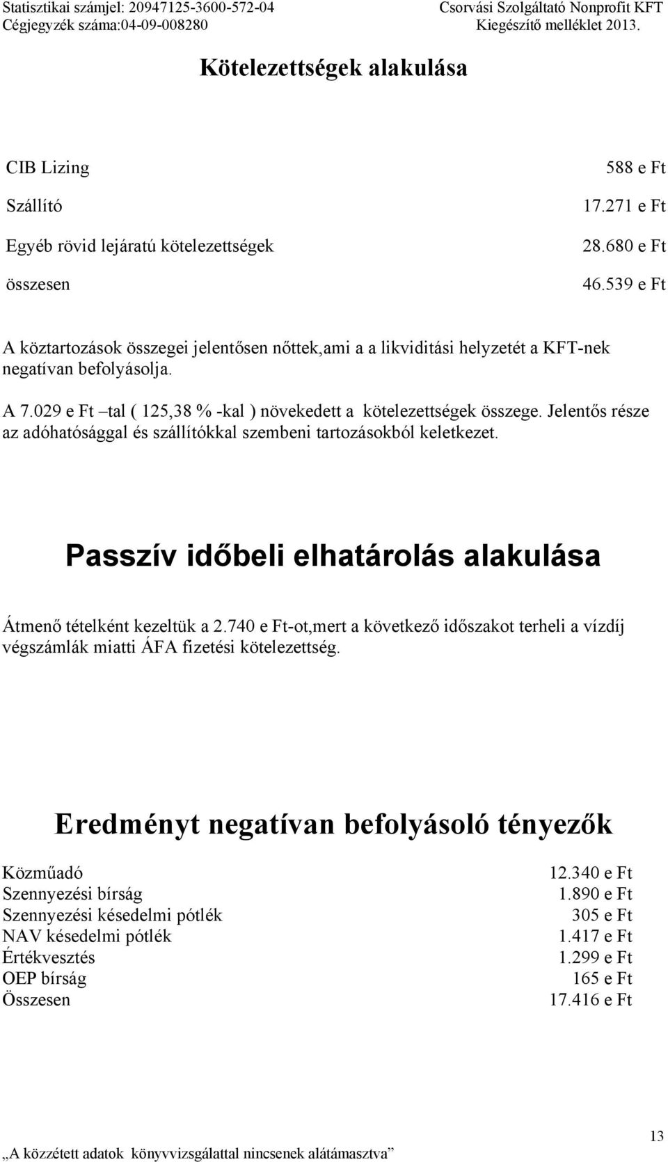 539 e Ft A köztartozások összegei jelentősen nőttek,ami a a likviditási helyzetét a KFT-nek negatívan befolyásolja. A 7.029 e Ft tal ( 125,38 % -kal ) növekedett a kötelezettségek összege.