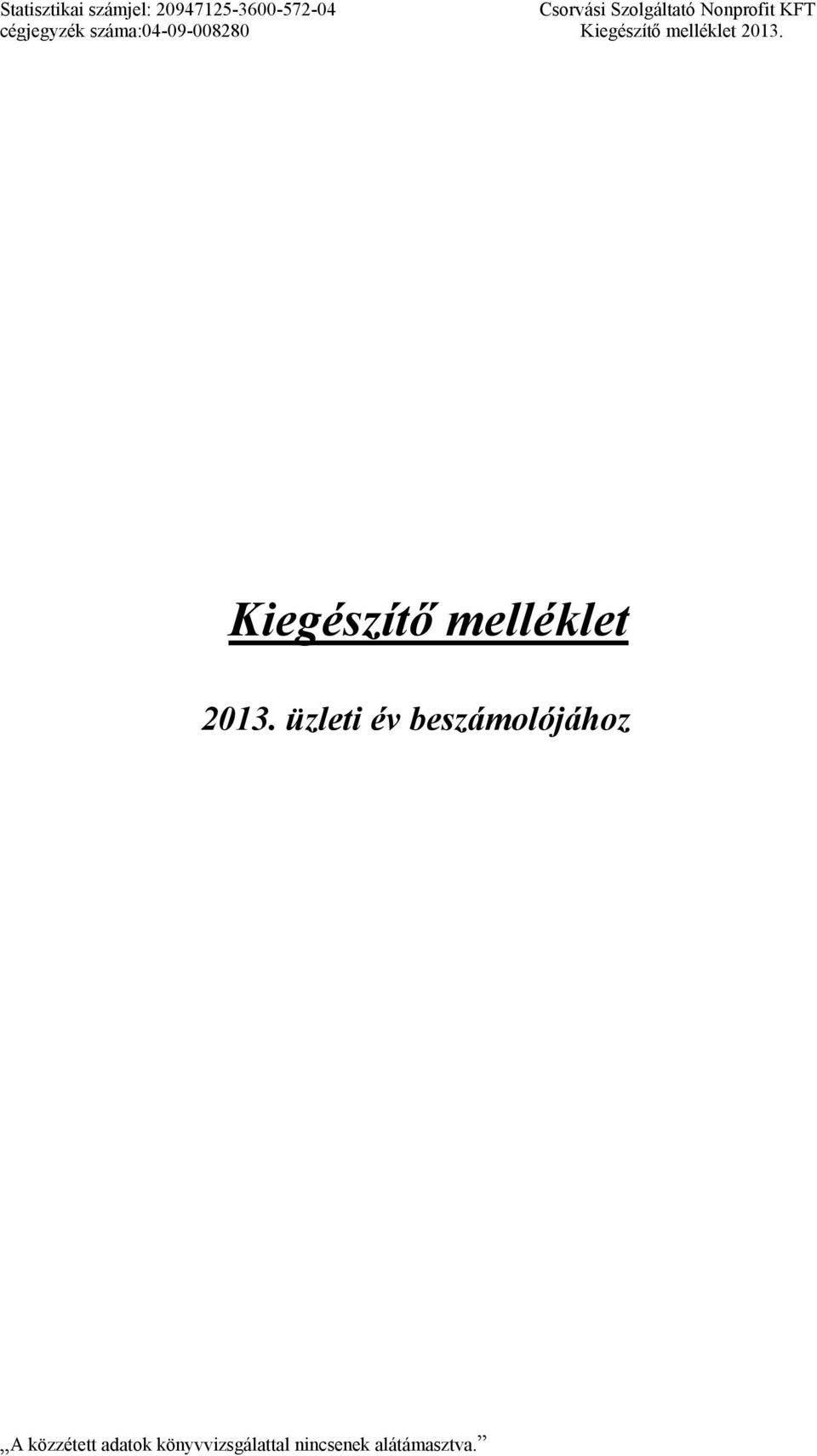 Kiegészítő melléklet 2013. Kiegészítő melléklet 2013.