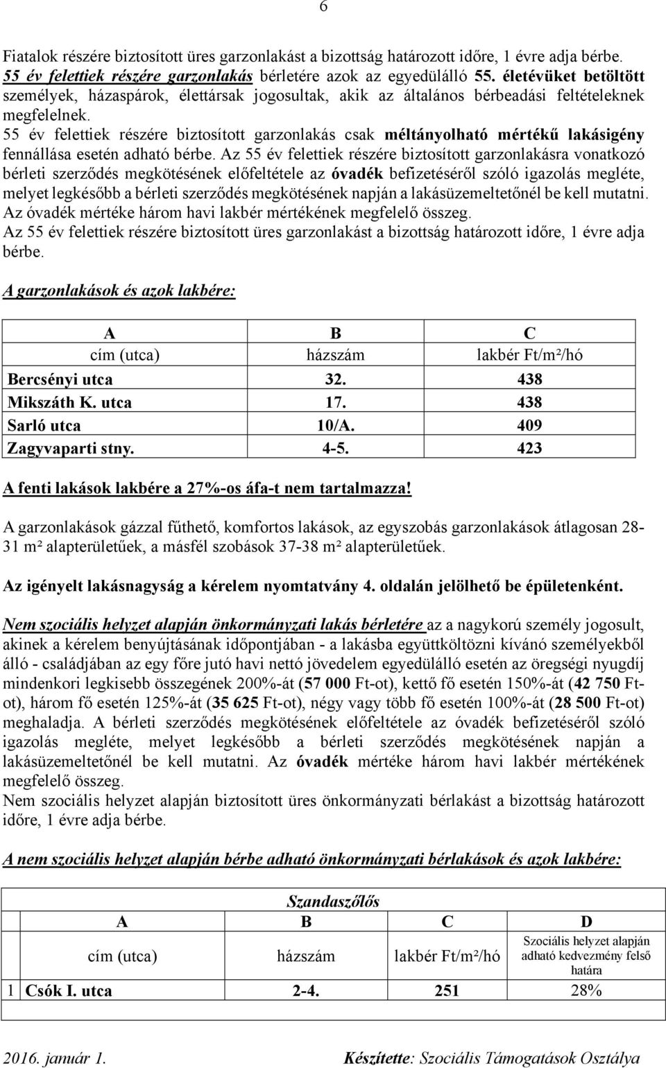 55 év felettiek részére biztosított garzonlakás csak méltányolható mértékű lakásigény fennállása esetén adható bérbe.