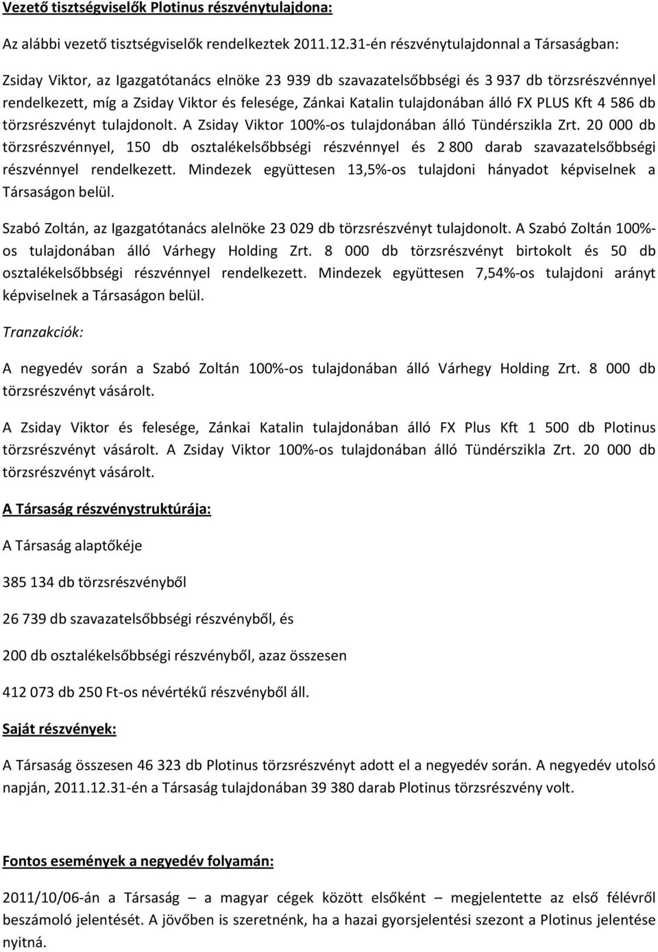 lló FX PLUS Kft 4 586 db törzsrszvnyt tulajdonolt. A Zsiday Viktor 100%-os tulajdonban lló Tündrszikla Zrt.