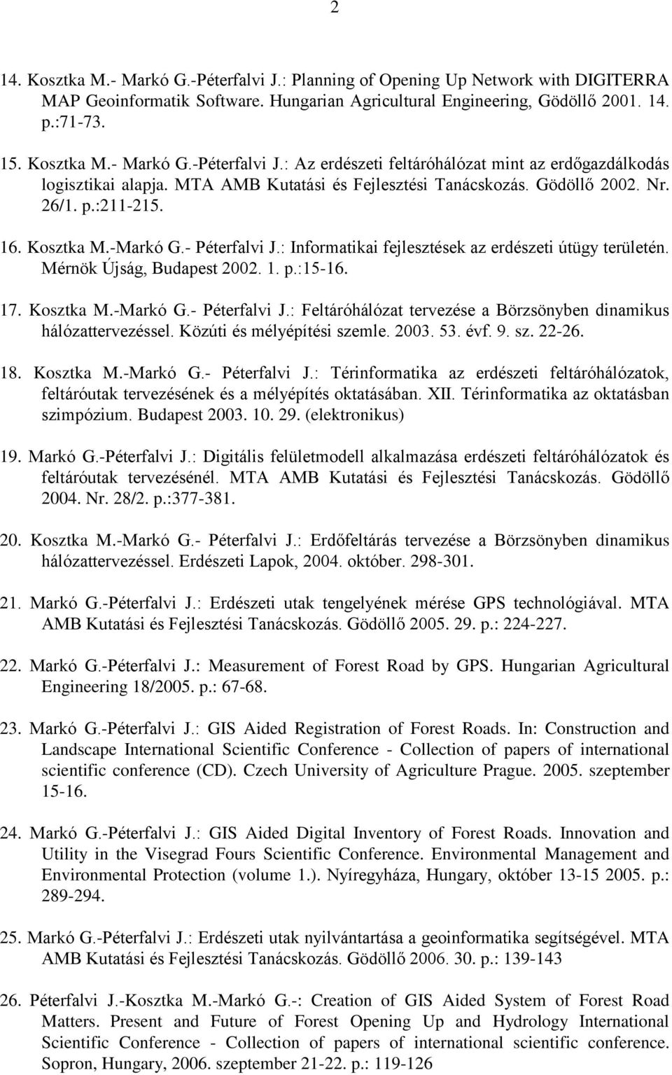 Mérnök Újság, Budapest 2002. 1. p.:15-16. 17. Kosztka M.-Markó G.- Péterfalvi J.: Feltáróhálózat tervezése a Börzsönyben dinamikus hálózattervezéssel. Közúti és mélyépítési szemle. 2003. 53. évf. 9.
