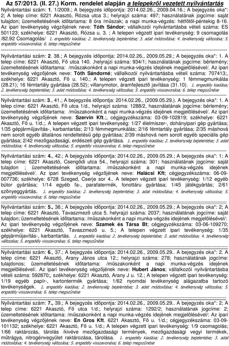 ; helyrajzi száma: 497; használatának jogcíme: saját tulajdon; üzemeltetésének időtartama: 8 óra /műszak; a napi munka-végzés: hétfőtől-péntekig 8-16.