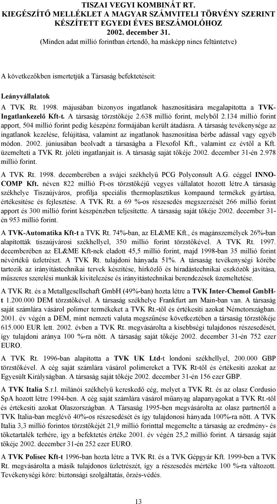 A társaság tevékenysége az ingatlanok kezelése, felújítása, valamint az ingatlanok hasznosítása bérbe adással vagy egyéb módon. 2002. júniusában beolvadt a társaságba a Flexofol Kft.
