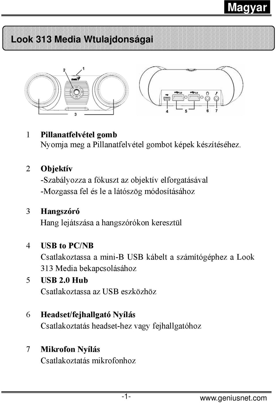 a hangszórókon keresztül 4 USB to PC/NB Csatlakoztassa a mini-b USB kábelt a számítógéphez a Look 313 Media bekapcsolásához 5 USB 2.