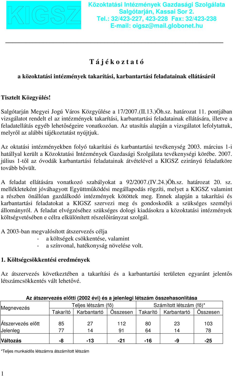 pontjában vizsgálatot rendelt el az intézmények takarítási, karbantartási feladatainak ellátására, illetve a feladatellátás egyéb lehetıségeire vonatkozóan.