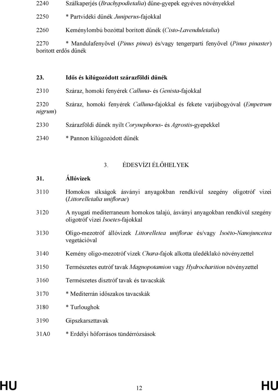 Idős és kilúgozódott szárazföldi dűnék 2310 Száraz, homoki fenyérek Calluna- és Genista-fajokkal 2320 Száraz, homoki fenyérek Calluna-fajokkal és fekete varjúbogyóval (Empetrum nigrum) 2330
