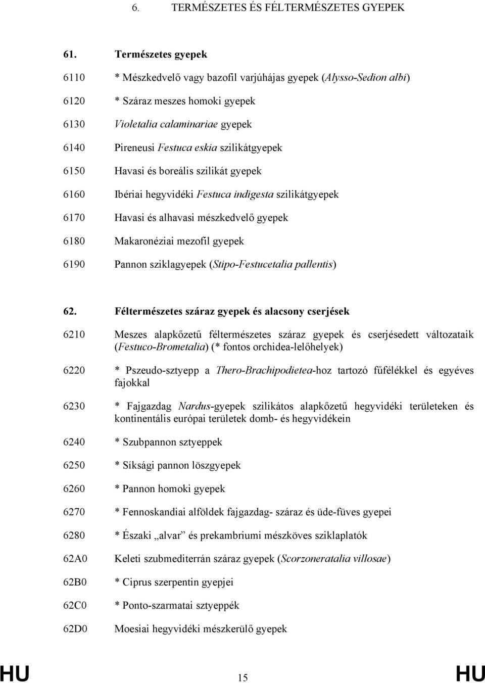 szilikátgyepek 6150 Havasi és boreális szilikát gyepek 6160 Ibériai hegyvidéki Festuca indigesta szilikátgyepek 6170 Havasi és alhavasi mészkedvelő gyepek 6180 Makaronéziai mezofil gyepek 6190 Pannon