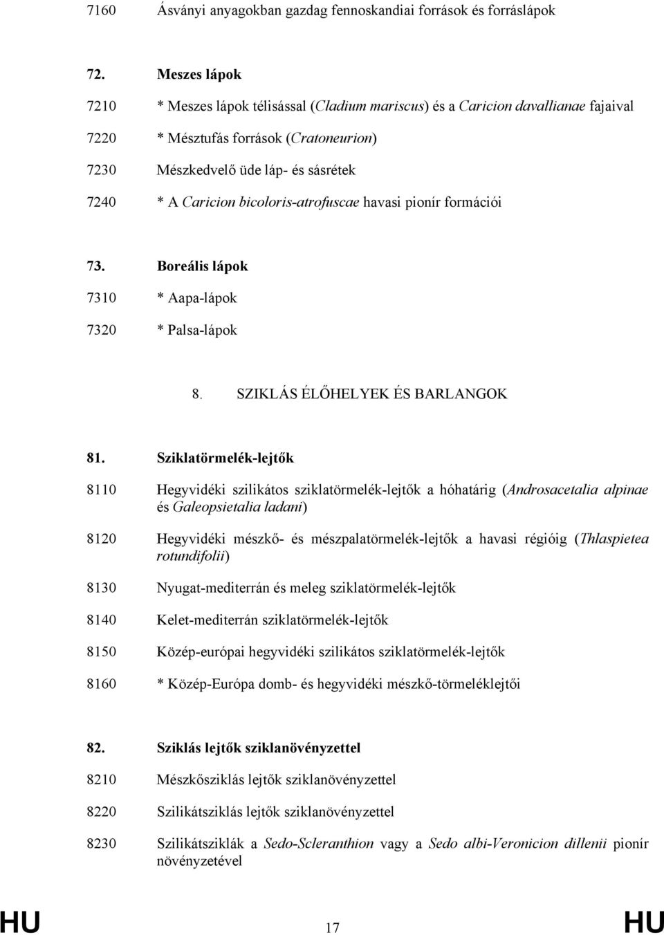 bicoloris-atrofuscae havasi pionír formációi 73. Boreális lápok 7310 * Aapa-lápok 7320 * Palsa-lápok 8. SZIKLÁS ÉLŐHELYEK ÉS BARLANGOK 81.