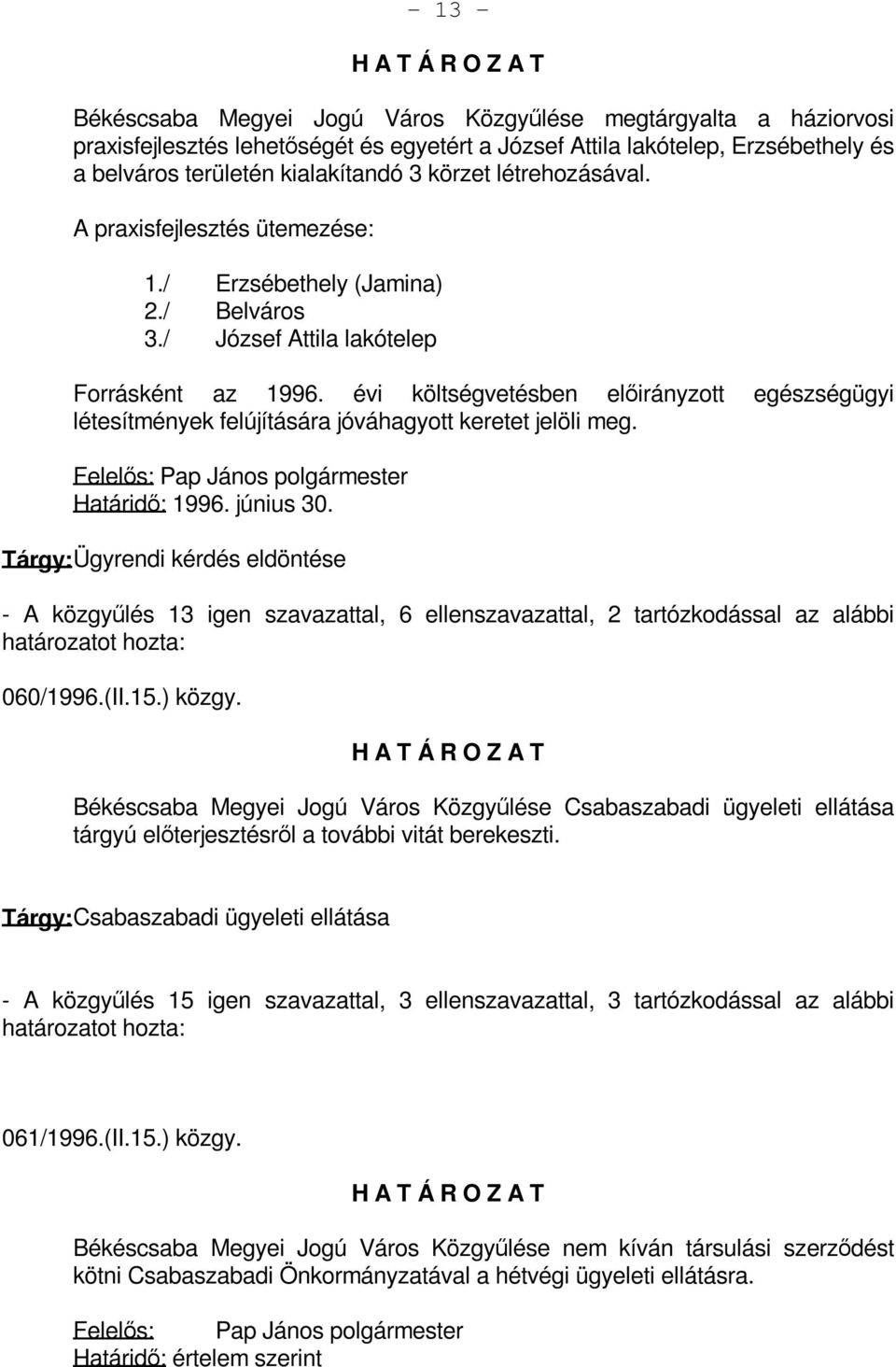 évi költségvetésben előirányzott egészségügyi létesítmények felújítására jóváhagyott keretet jelöli meg. Felelős: Pap János polgármester Határidő: 1996. június 30.