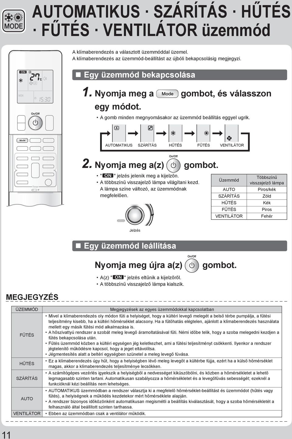 Nyomja meg a(z) gombot. " " jelzés jelenik meg a kijelzőn. A többszínű visszajelző lámpa világítani kezd. A lámpa színe változó, az üzemmódnak megfelelően.