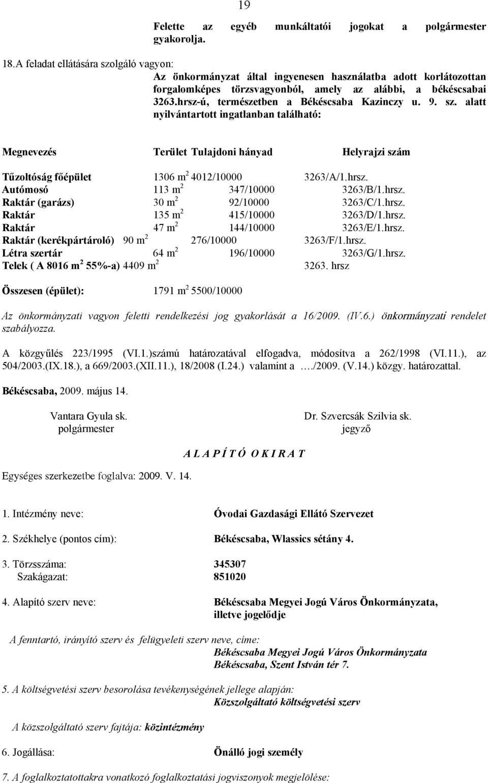 hrsz-ú, természetben a Békéscsaba Kazinczy u. 9. sz. alatt nyilvántartott ingatlanban található: Megnevezés Terület Tulajdoni hányad Helyrajzi szám Tűzoltóság főépület 1306 m 2 4012/10000 3263/A/1.