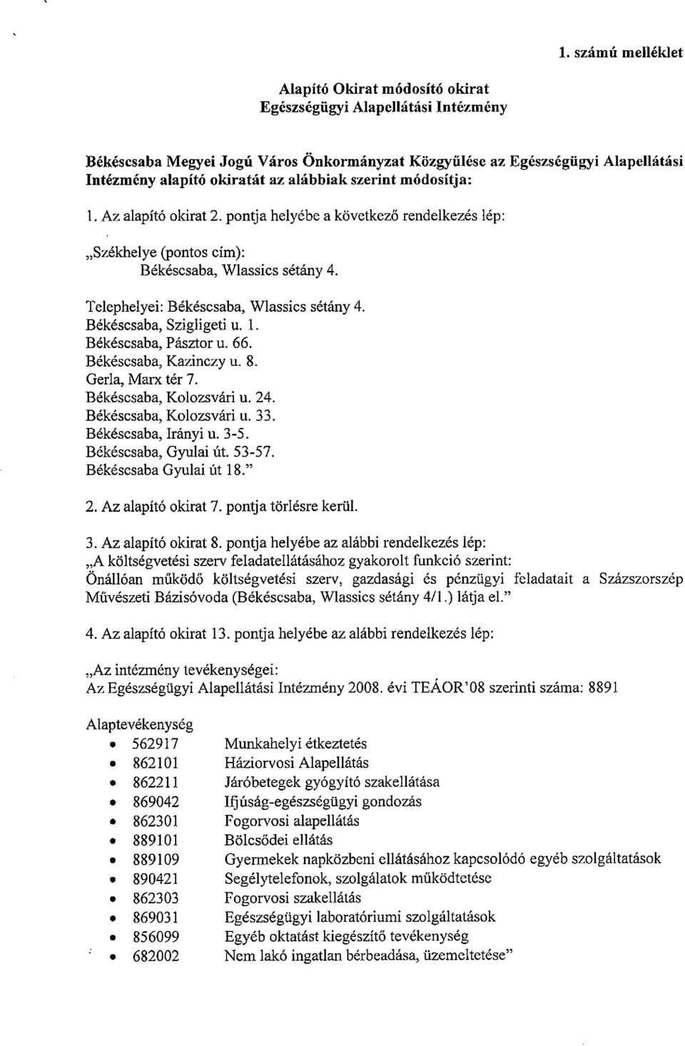 Békéscsaba, Szigligeti u. 1. Békéscsaba, Pásztor u. 66. Békéscsaba, Kazinczy u. 8. Gerla, Marx tér 7. Békéscsaba, Kolozsvári u. 24. Békéscsaba, Kolozsvári u. 33. Békéscsaba, Irányi u. 3-5.