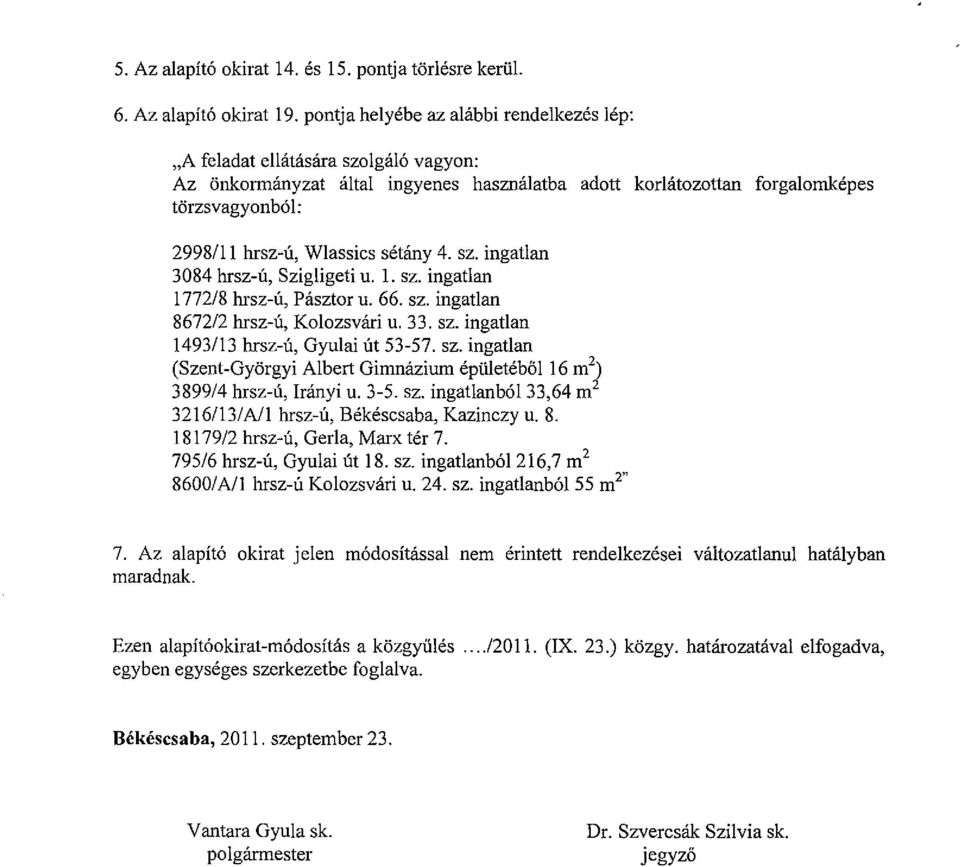 sétány 4. sz. ingatlan 3084 hrsz-ú, Szigligeti u. 1. sz. ingatlan 1772/8 hrsz-ú, Pásztor u. 66. sz. ingatlan 8672/2 hrsz-ú, Kolozsvári u. 33. sz. ingatlan 1493/13 hrsz-ú, Gyulai út 53-57. sz. ingatlan (Szent-Györgyi Albert Gimnázium épületéből 16 m 2 ; 3899/4 hrsz-ú, Irányi u.