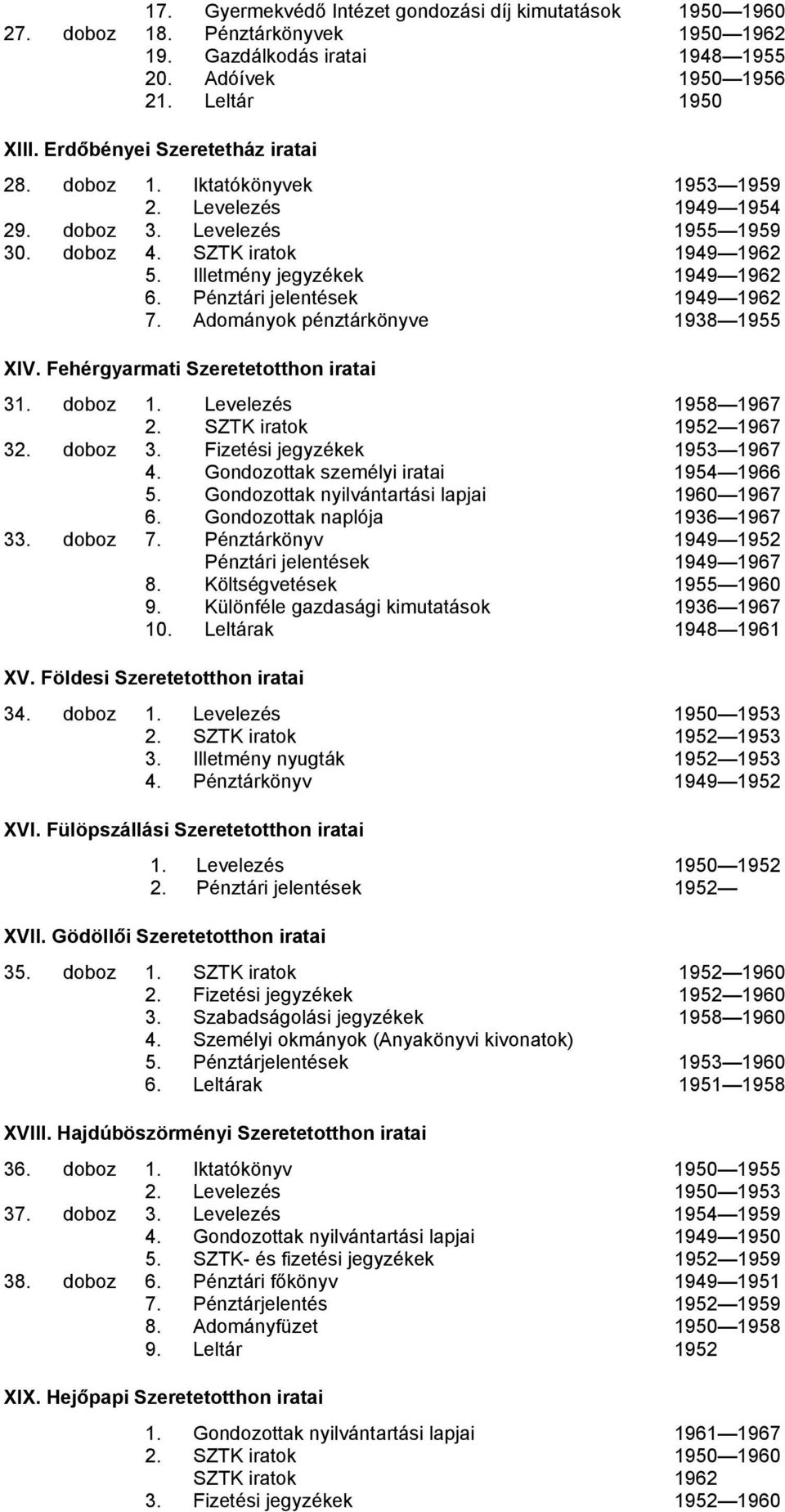 Pénztári jelentések 1949 1962 7. Adományok pénztárkönyve 1938 1955 XIV. Fehérgyarmati Szeretetotthon iratai 31. doboz 1. Levelezés 1958 1967 2. SZTK iratok 1952 1967 32. doboz 3.