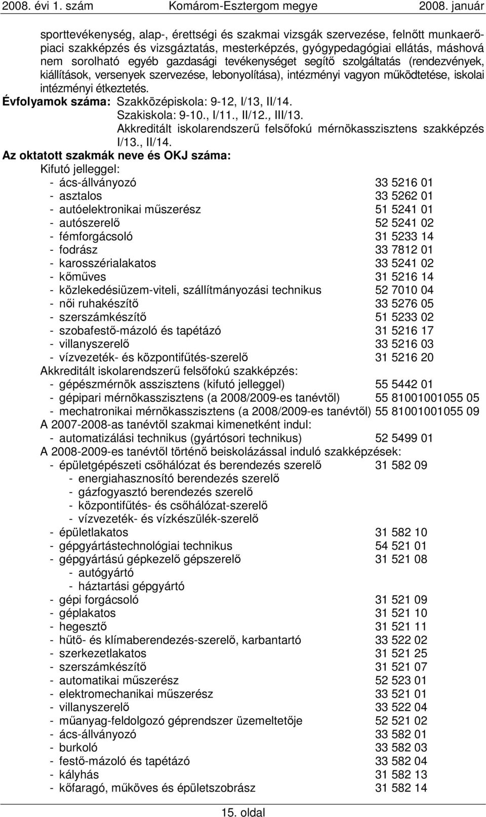 Évfolyamok száma: Szakközépiskola: 9-12, I/13, II/14.