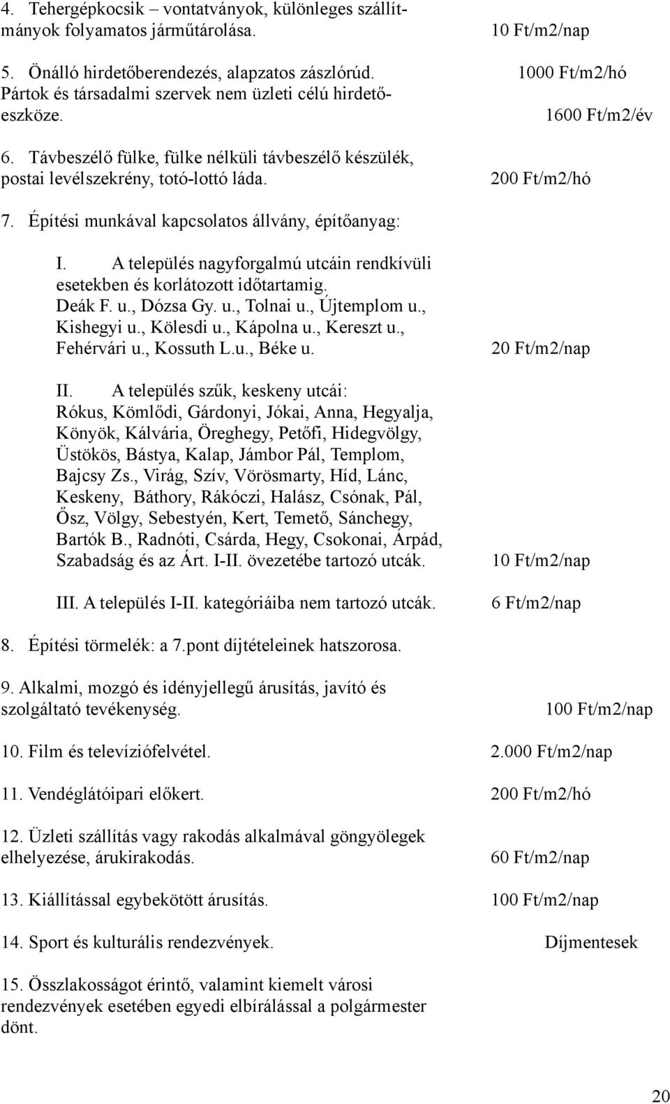 Építési munkával kapcsolatos állvány, építőanyag: I. A település nagyforgalmú utcáin rendkívüli esetekben és korlátozott időtartamig. Deák F. u., Dózsa Gy. u., Tolnai u., Újtemplom u., Kishegyi u.