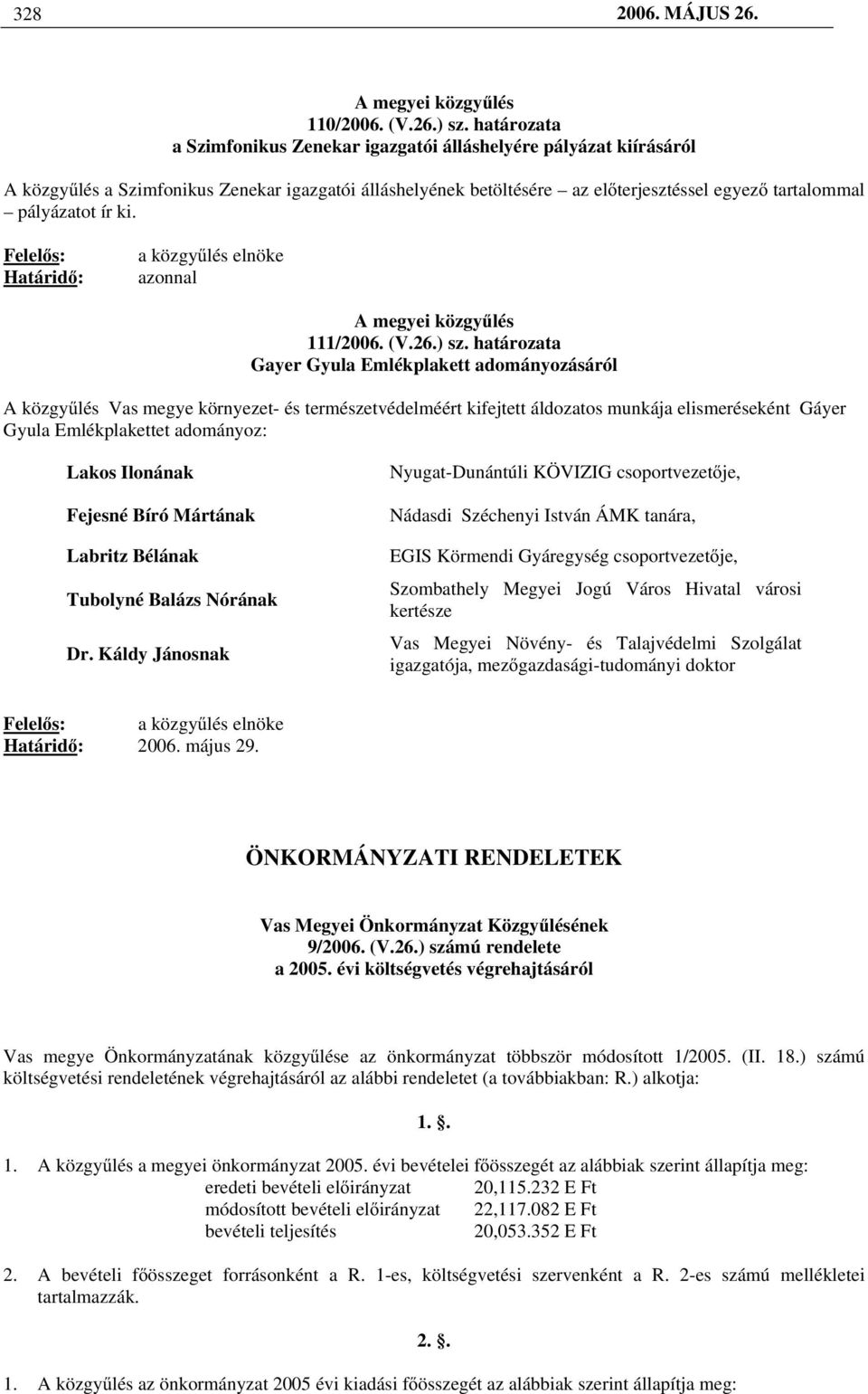 ki. Felel s: Határid : a közgy lés elnöke azonnal A megyei közgy lés 111/2006. (V.26.) sz.