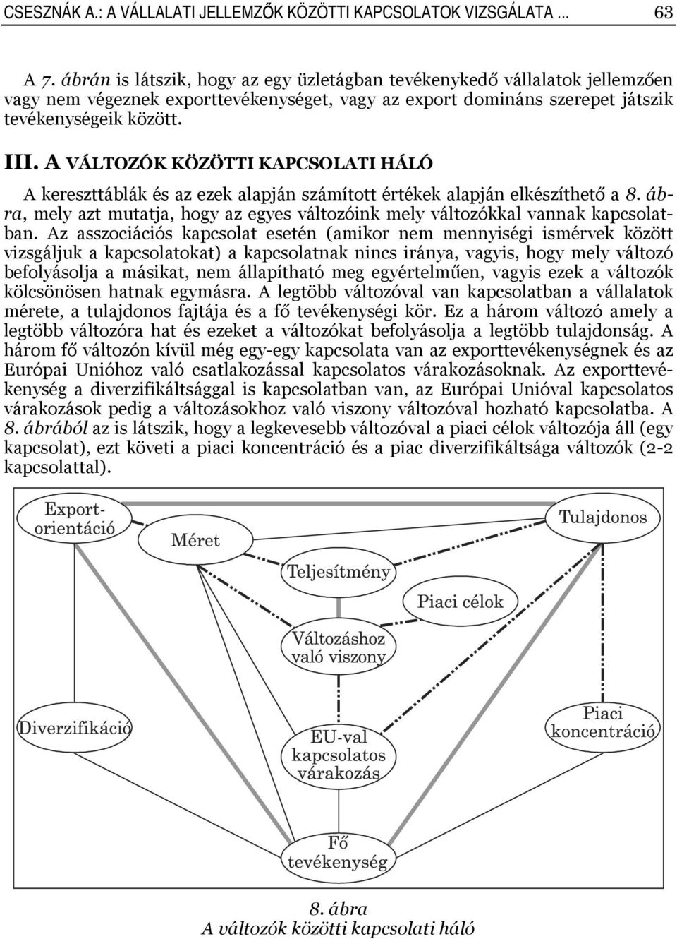 A VÁLTOZÓK KÖZÖTTI KAPCSOLATI HÁLÓ A kereszttáblák és az ezek alapján számított értékek alapján elkészíthető a 8. ábra, mely azt mutatja, hogy az egyes változóink mely változókkal vannak kapcsolatban.