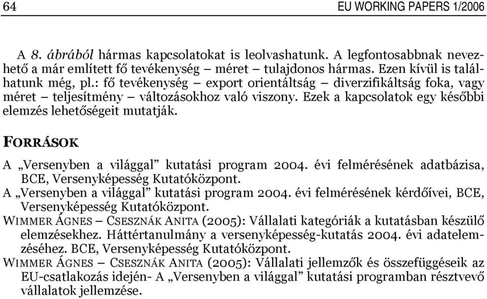 FORRÁSOK A Versenyben a világgal kutatási program 2004. évi felmérésének adatbázisa, BCE, Versenyképesség Kutatóközpont. A Versenyben a világgal kutatási program 2004. évi felmérésének kérdőívei, BCE, Versenyképesség Kutatóközpont.