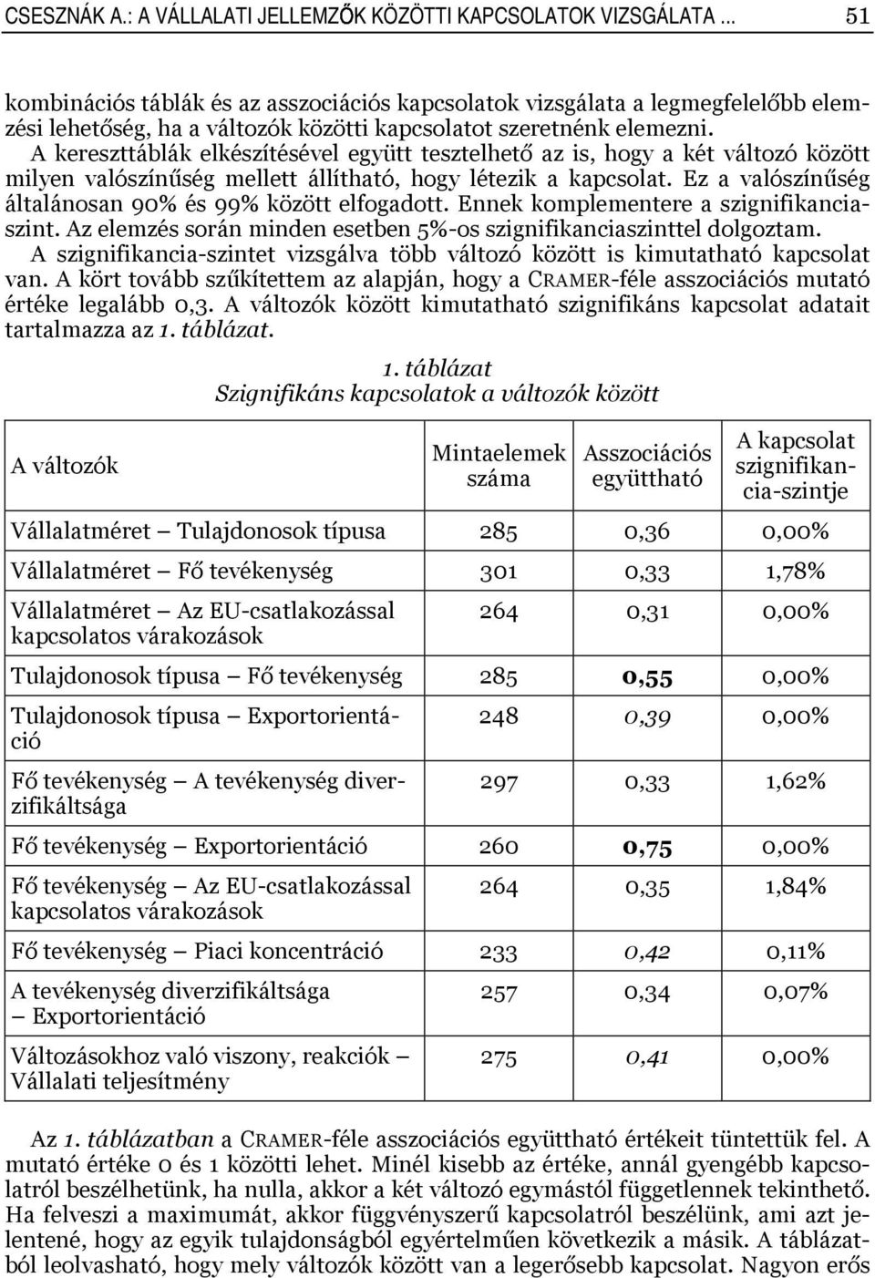 A kereszttáblák elkészítésével együtt tesztelhető az is, hogy a két változó között milyen valószínűség mellett állítható, hogy létezik a kapcsolat.