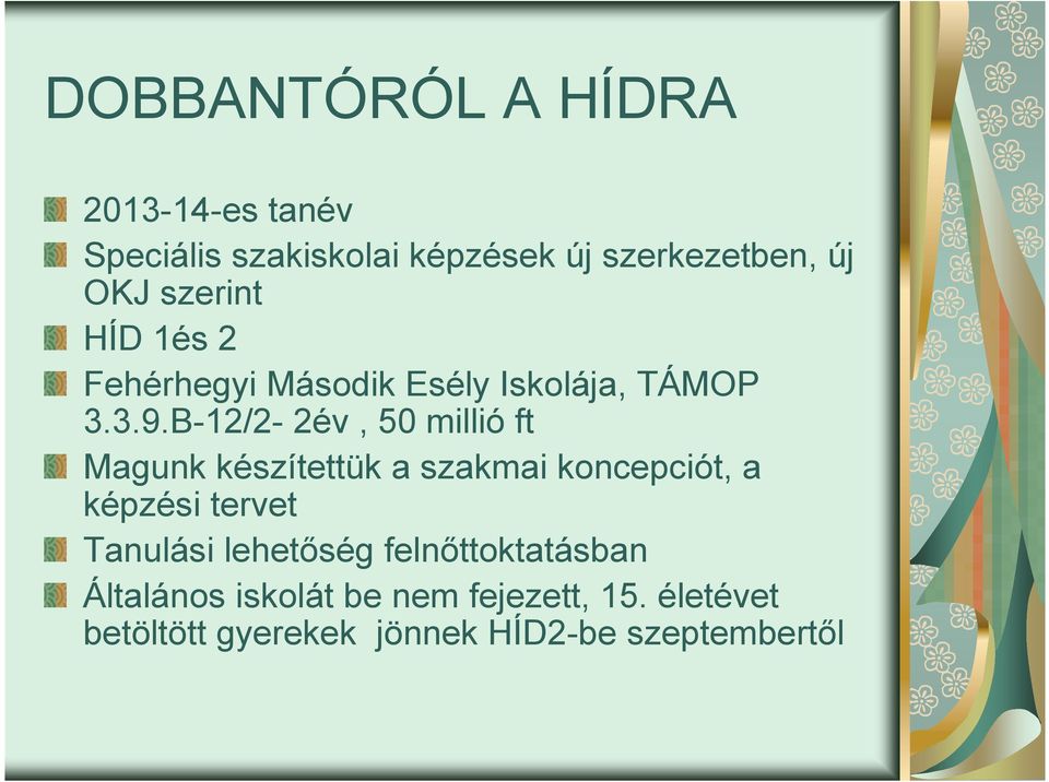 B-12/2-2év, 50 millió ft Magunk készítettük a szakmai koncepciót, a képzési tervet Tanulási