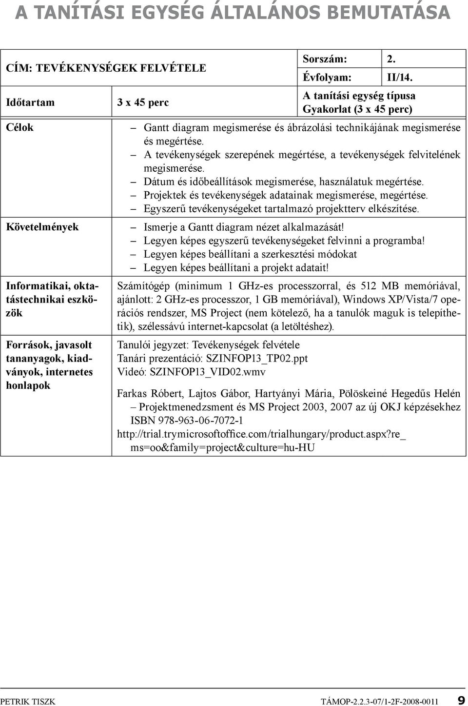 A tevékenységek szerepének megértése, a tevékenységek felvitelének megismerése. Dátum és időbeállítások megismerése, használatuk megértése. Projektek és tevékenységek adatainak megismerése, megértése.