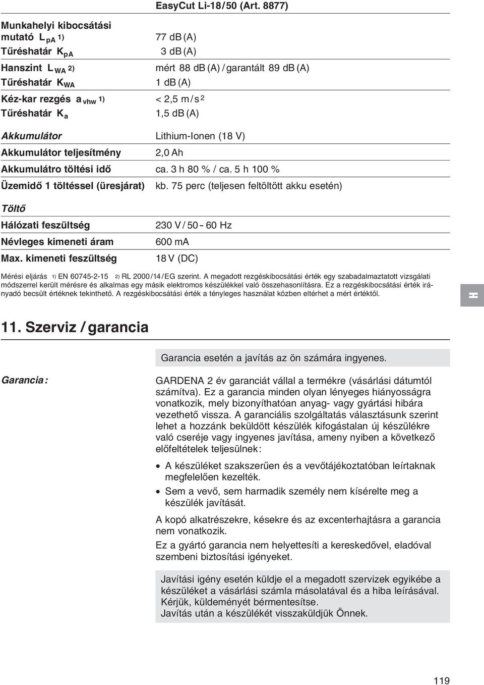 Tűréshatár K a 1,5 db (A) Akkumulátor Lithium-Ionen (18 V) Akkumulátor teljesítmény 2,0 Ah Akkumulátro töltési idő ca. 3 h 80 % / ca. 5 h 100 % Üzemidő 1 töltéssel (üresjárat) kb.