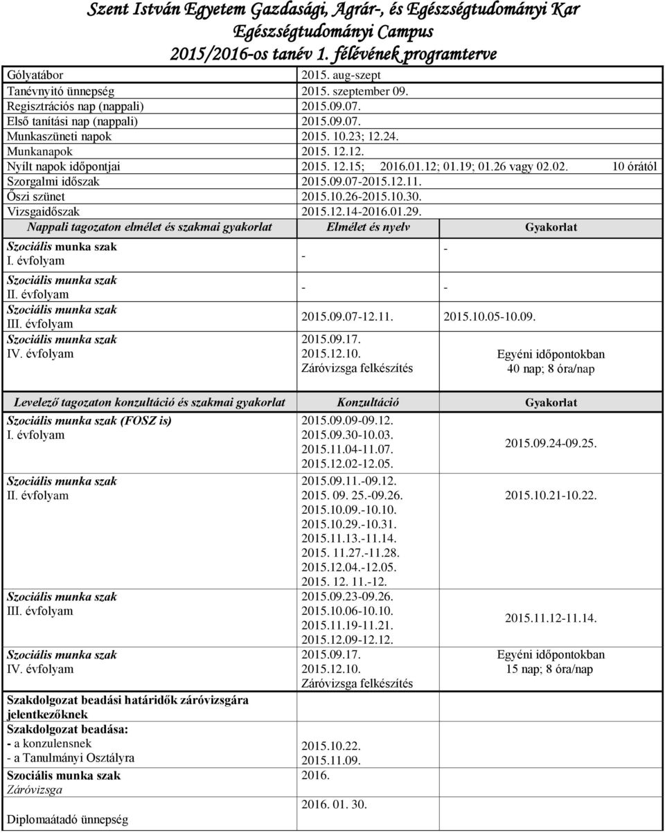 01.12; 01.19; 01.26 vagy 02.02. 10 órától Szorgalmi időszak 2015.09.07-2015.12.11. Őszi szünet 2015.10.26-2015.10.30. Vizsgaidőszak 2015.12.14-2016.01.29.