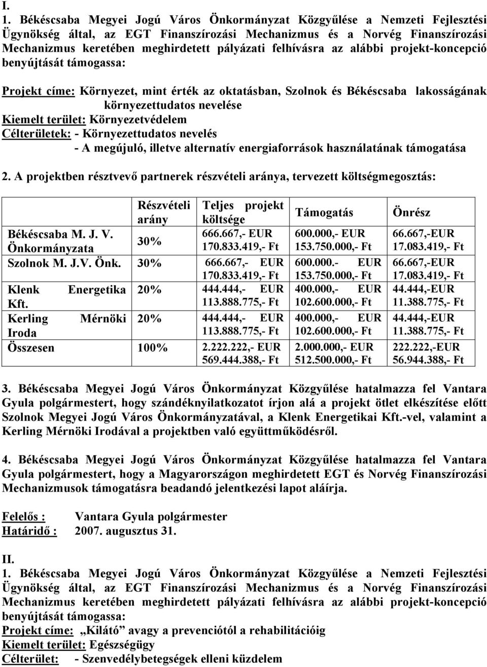 terület: Környezetvédelem Célterületek: - Környezettudatos nevelés - A megújuló, illetve alternatív energiaforrások használatának támogatása 2.