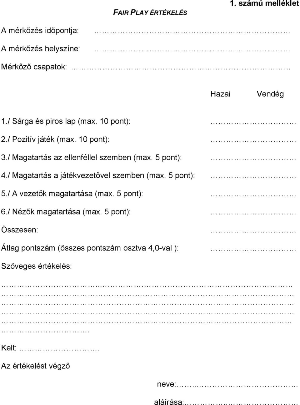 / Magatartás a játékvezetővel szemben (max. 5 pont): 5./ A vezetők magatartása (max. 5 pont): 6./ Nézők magatartása (max.