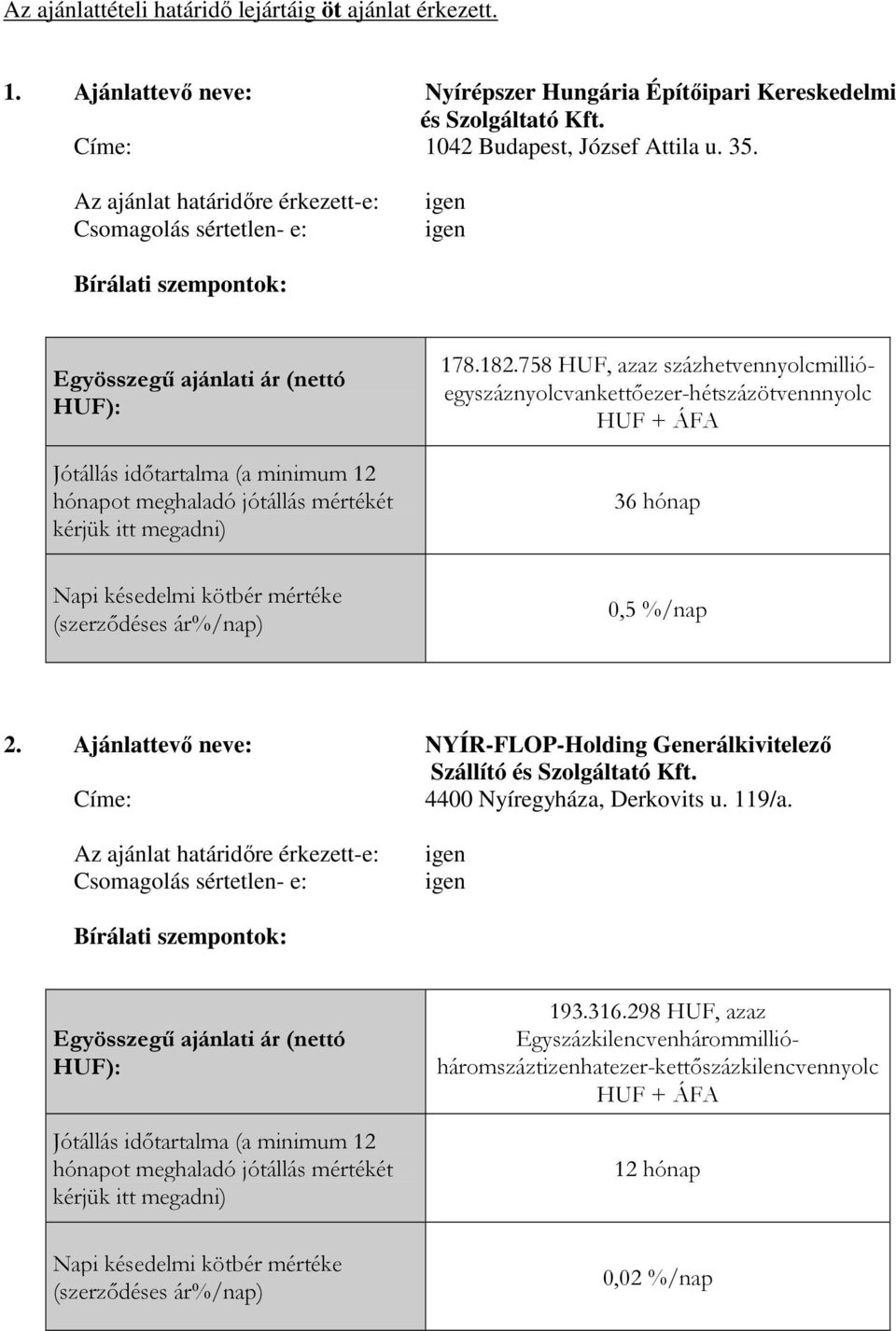 megadni) 178.182.758 HUF, azaz százhetvennyolcmillióegyszáznyolcvankettőezer-hétszázötvennnyolc HUF + ÁFA 36 hónap Napi késedelmi kötbér mértéke (szerződéses ár%/nap) 0,5 %/nap 2.