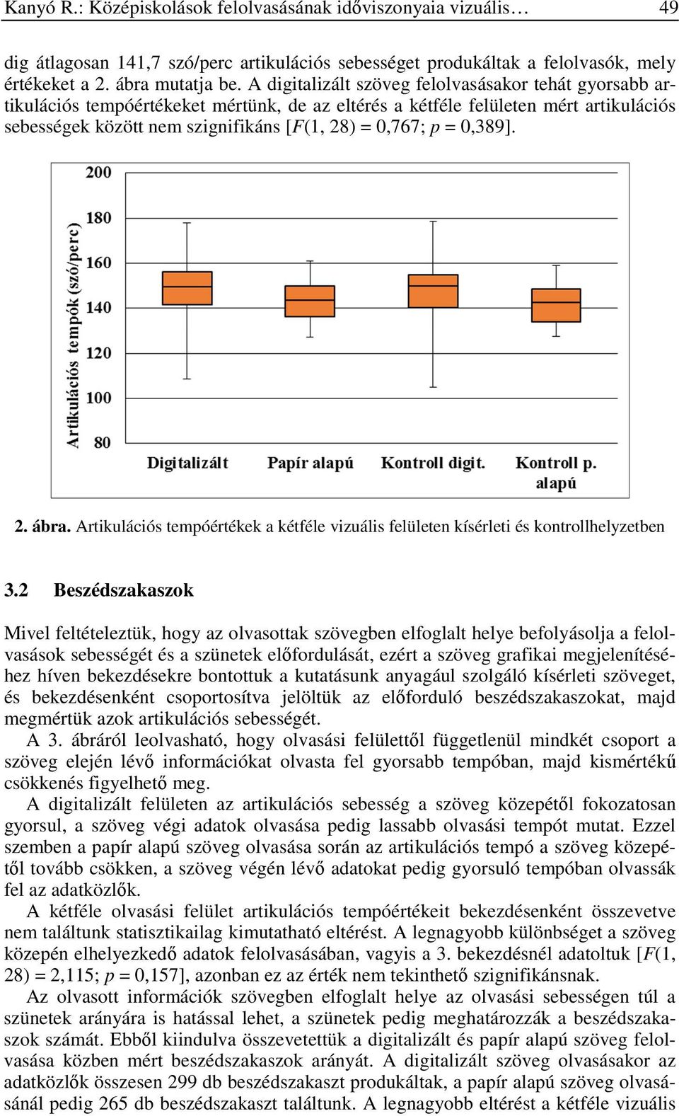 0,389]. 2. ábra. Artikulációs tempóértékek a kétféle vizuális felületen kísérleti és kontrollhelyzetben 3.