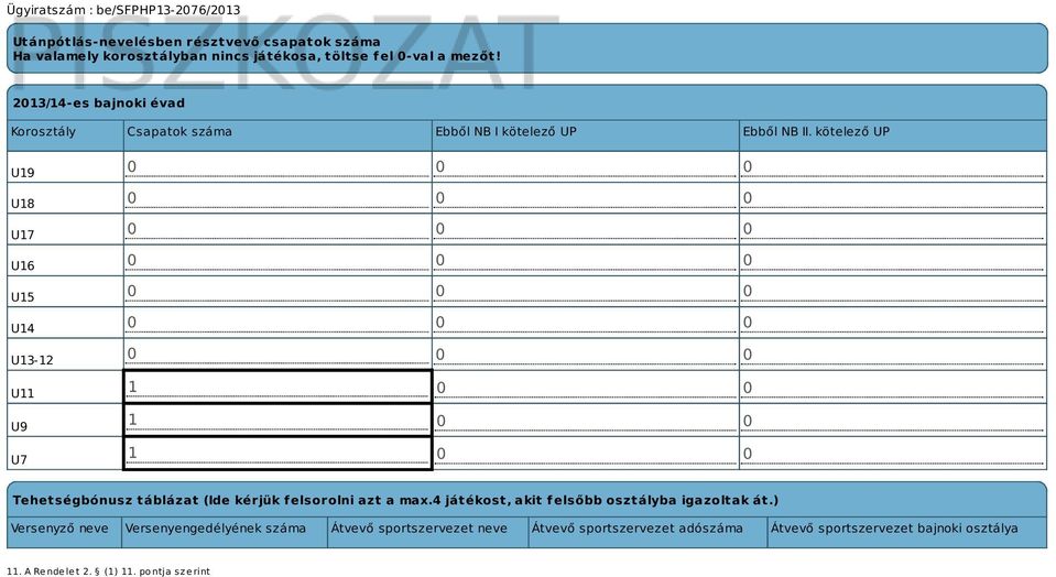 kötelező UP U19 U18 U17 U16 U15 U14 U13-12 U11 U9 U7 1 0 0 1 0 0 1 0 0 Tehetségbónusz táblázat (Ide kérjük felsorolni azt a max.