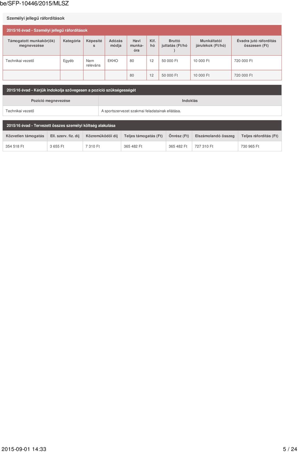 720 000 Ft 2015/16 évad - Kérjük indokolja szövegesen a pozíció szükségességét Pozíció megnevezése Indoklás Technikai vezető A sportszervezet szakmai feladatainak ellátása.