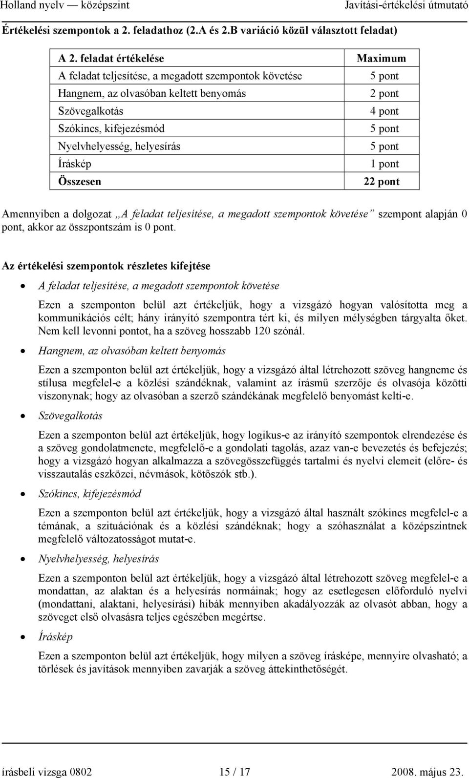 Maximum 5 pont 2 pont 4 pont 5 pont 5 pont 1 pont 22 pont Amennyiben a dolgozat A feladat teljesítése, a megadott szempontok követése szempont alapján 0 pont, akkor az összpontszám is 0 pont.