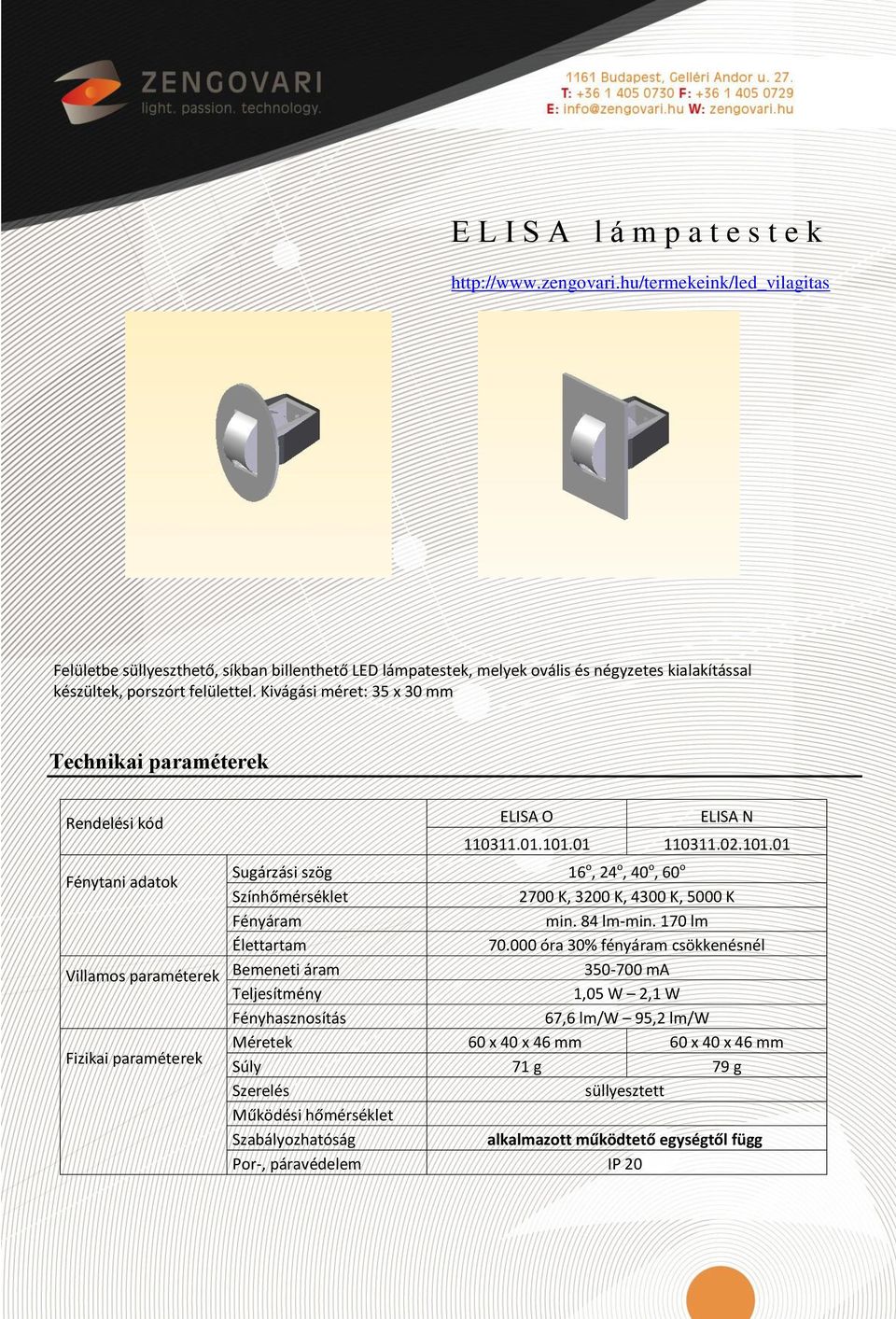 Kivágási éret: 35 x 30 Technikai Rendelési kód ELISA O ELISA N 110311.01.101.