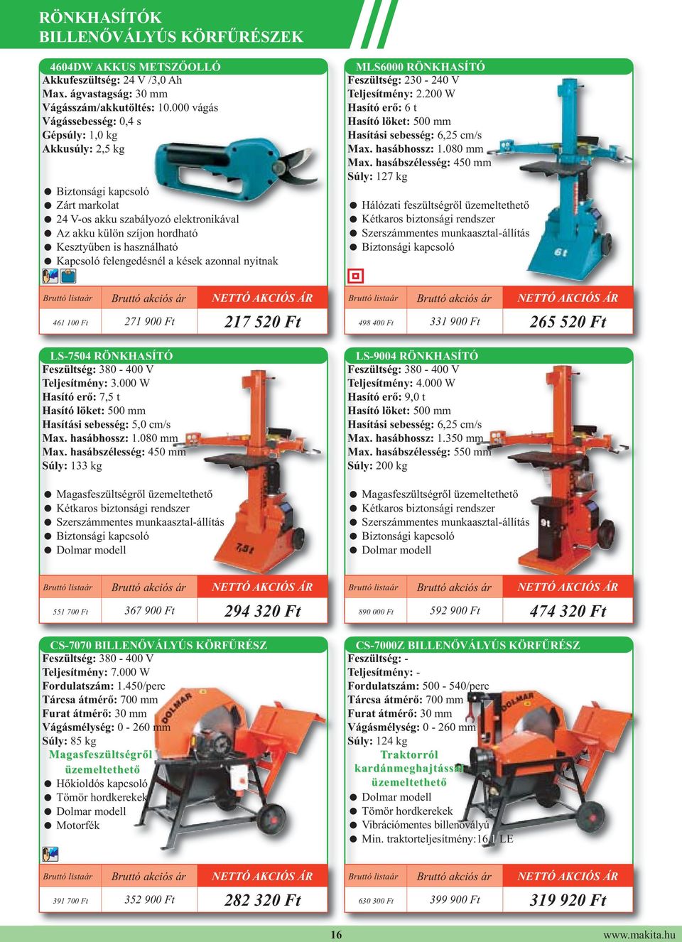 használható = Kapcsoló felengedésnél a kések azonnal nyitnak MLS6000 RÖNKHASÍTÓ Teljesítmény: 2.200 W Hasító erő: 6 t Hasító löket: 500 mm Hasítási sebesség: 6,25 cm/s Max. hasábhossz: 1.080 mm Max.