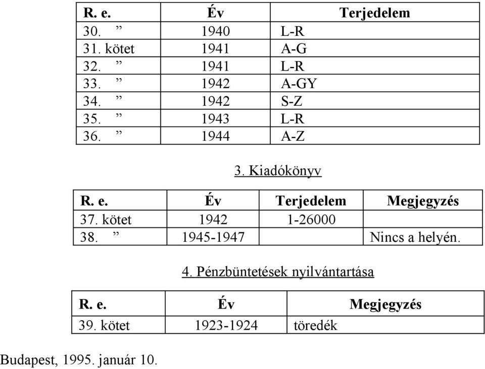 Év Terjedelem Megjegyzés 37. kötet 1942 1-26000 38. 1945-1947 Nincs a helyén. 4.