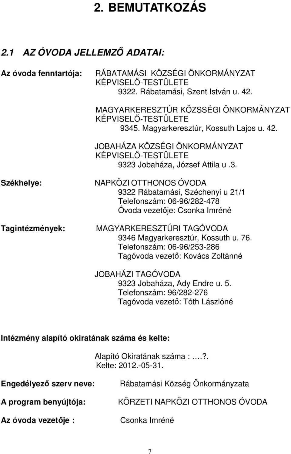 5. Magyarkeresztúr, Kossuth Lajos u. 42. JOBAHÁZA KÖZSÉGI ÖNKORMÁNYZAT KÉPVISELŐ-TESTÜLETE 932