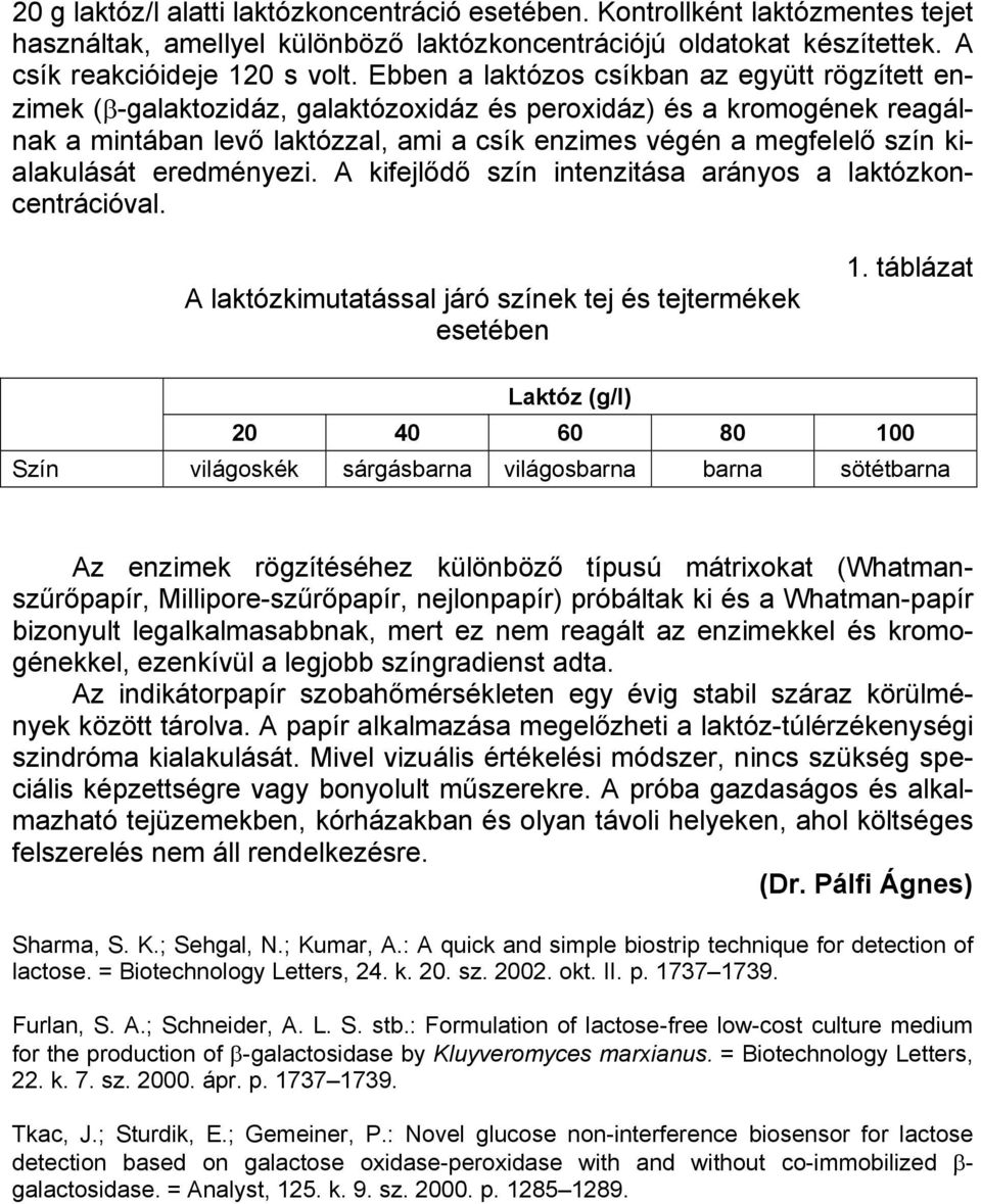 kialakulását eredményezi. A kifejlődő szín intenzitása arányos a laktózkoncentrációval. A laktózkimutatással járó színek tej és tejtermékek esetében 1.