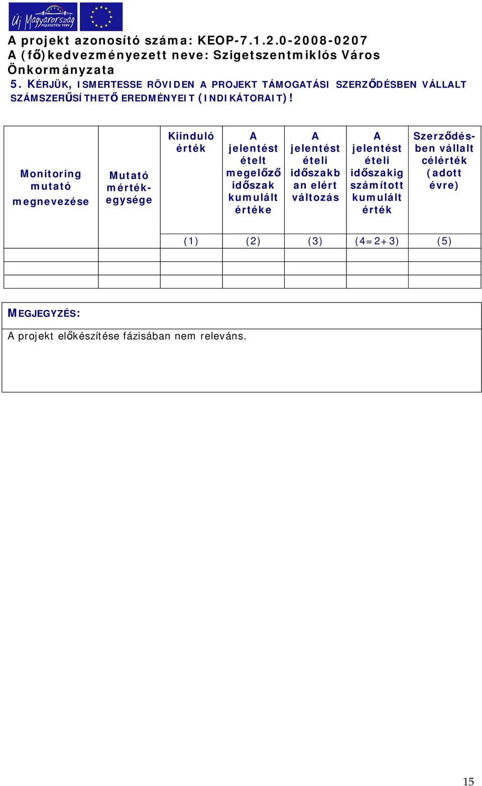 Monitoring mutató megnevezése Kiinduló érték A jelentést ételt megel idszak kumulált értéke A jelentést ételi idszakb an elért