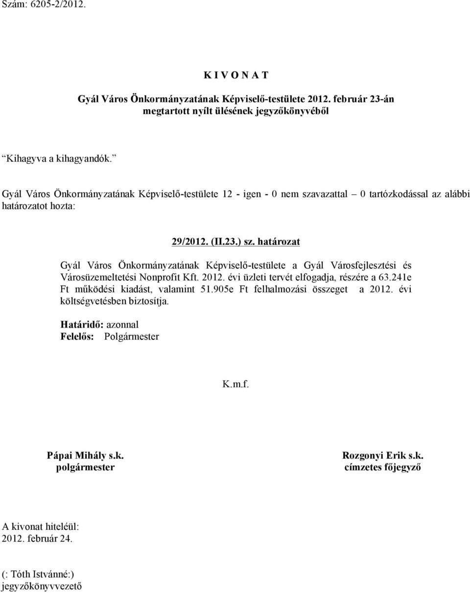 határozat Gyál Város Önkormányzatának Képviselő-testülete a Gyál Városfejlesztési és