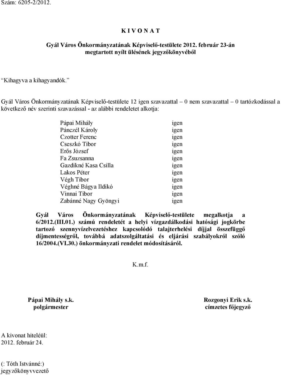 Gyöngyi Gyál Város Önkormányzatának Képviselő-testülete megalkotja a 6/2012