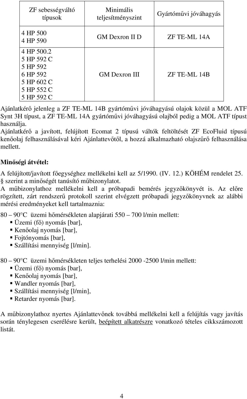 ATF Synt 3H típust, a ZF TE-ML 14A gyártóművi jóváhagyású olajból pedig a MOL ATF típust használja.