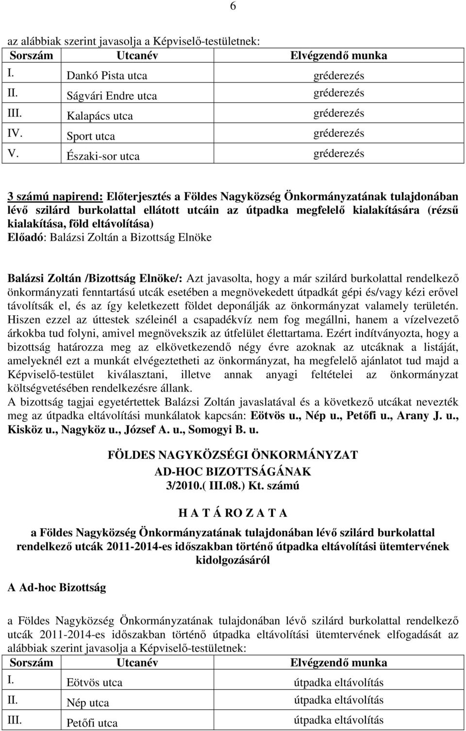 Északi-sor utca gréderezés 3 számú napirend: Előterjesztés a Földes Nagyközség Önkormányzatának tulajdonában lévő szilárd burkolattal ellátott utcáin az útpadka megfelelő kialakítására (rézsű