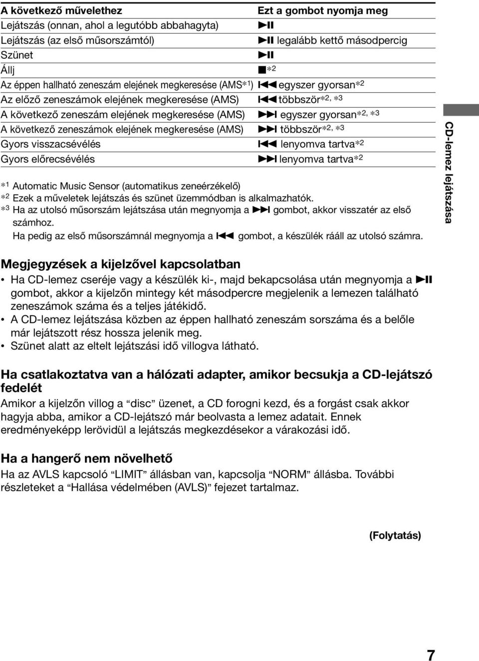 többször* 2, * 3 A következő zeneszám elejének megkeresése (AMS) > egyszer gyorsan* 2, * 3 A következő zeneszámok elejének megkeresése (AMS) > többször* 2, * 3 Gyors visszacsévélés.