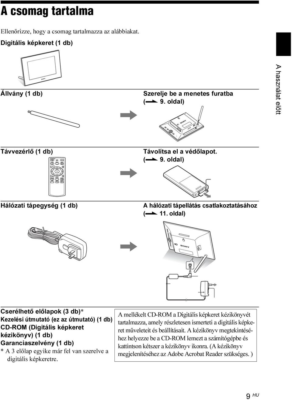oldal), Cserélhető előlapok (3 db)* Kezelési útmutató (ez az útmutató) (1 db) CD-ROM (Digitális képkeret kézikönyv) (1 db) Garanciaszelvény (1 db) * A 3 előlap egyike már fel van szerelve a digitális