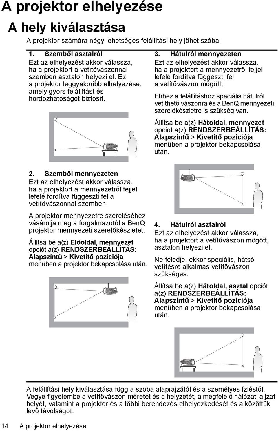 Ez a projektor leggyakoribb elhelyezése, amely gyors felállítást és hordozhatóságot biztosít. 3.